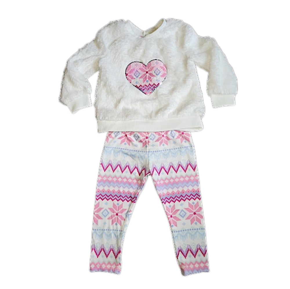 BTWEEN 18m 2PC Outfit Pink White Heart Snowflake Soft Plush Sweater Top & Pants